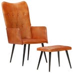 Fauteuil met hocker - Tan leer | Tweedekansje | OP=OP, Overige materialen, Nieuw, Ophalen of Verzenden, 50 tot 75 cm