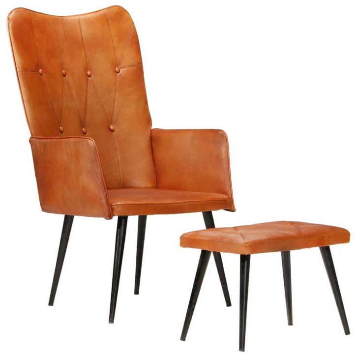 Fauteuil met hocker - Tan leer | Tweedekansje | OP=OP, Huis en Inrichting, Fauteuils, 50 tot 75 cm, Minder dan 75 cm, Nieuw, Overige materialen