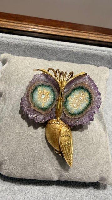 Speld - 18 karaat Geel goud, Amethist (geode) Amethist