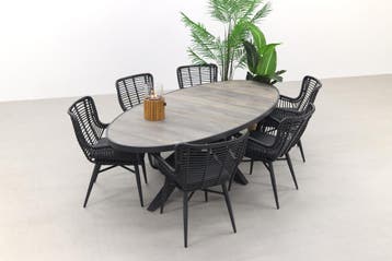 VDG Jasmine Black/Silva houtlook 240x115 cm. ovale tuinset -, Verzenden, Nieuw, Wicker, Tuinset