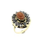 Goud met zilveren ring met bloedkoraal, parelmoer en diam..., 18 tot 19, Gebruikt, Overige kleuren, Ophalen of Verzenden