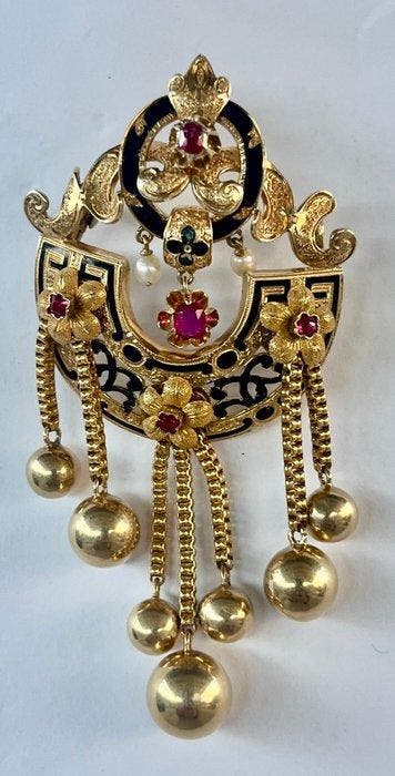 Broche - 18 karaat Geel goud - 0.45ct. tw. Robijn - Parel, Sieraden, Tassen en Uiterlijk, Antieke sieraden