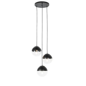 Retro hanglamp zwart met helder glas rond 3-lichts - Eclipse, Verzenden, Nieuw, Glas, Retro