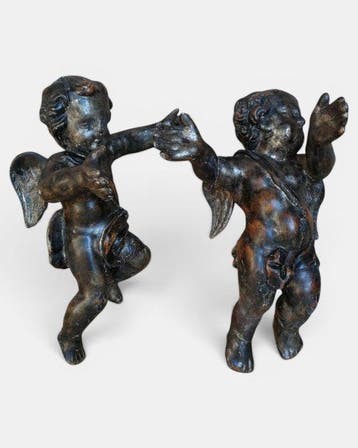 sculptuur, Coppia di putti - 36 cm - Hout