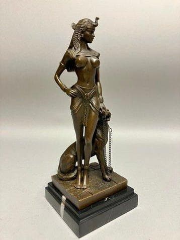 Beeld, Cleopatra met panter - 18 cm - Brons