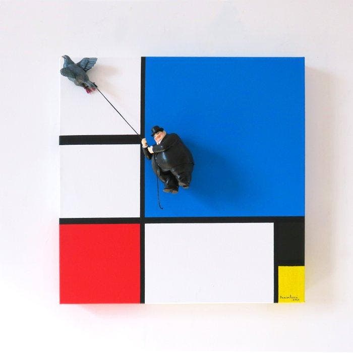 Dario Assisi - (Fat) Magritte in the Mondrian world 3d - the, Antiek en Kunst, Kunst | Schilderijen | Modern