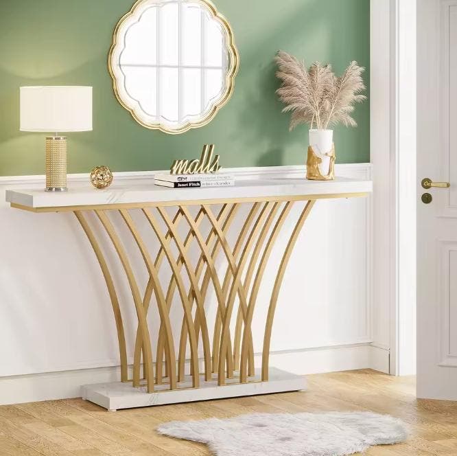 Gouden Consoletafel Marmerlook – Rasterframe, 150 cm, Antiek en Kunst, Antiek | Meubels | Tafels, Verzenden