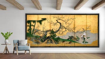Vouwscherm met idyllisch landschap - Gelakt hout, Zijde,