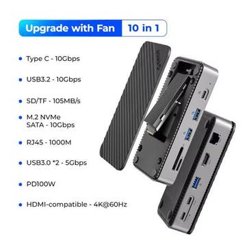 10-in-1 USB-C Dock met SSD, Koelventilator, 4K HDMI en RJ45, Verzenden, Nieuw