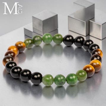 Elastisch armband met jade, zwarte onyx en tijgeroog
