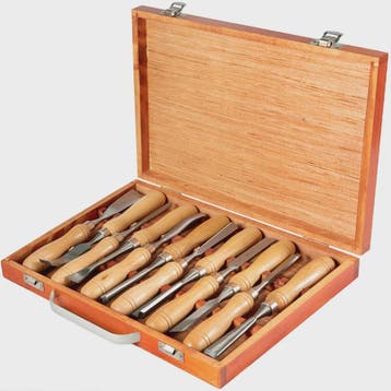 12-delige Houtsnijset met Houten Koffers en Professionele Be, Verzenden