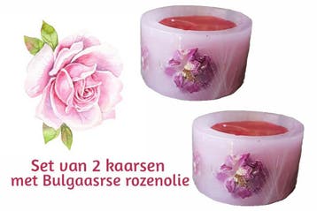 Set van 2 rozen kaarsen met Bulgaarse rozen olie en, Nieuw