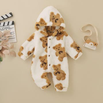Schattige Baby Jumpsuit met Berenprint - Warm Fleece met Cap, Verzenden, Nieuw