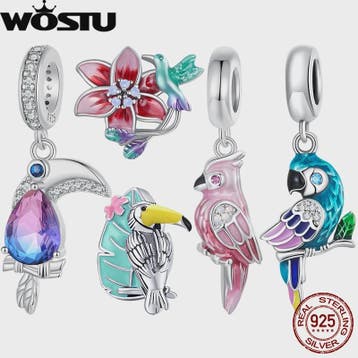 WOSTU 925 Sterling Zilver Papegaai Bedel met Roze Emaille &