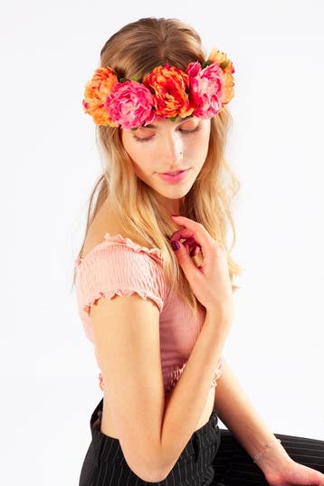 KIMU® Bloemenkrans Haar Pioenrozen Oranje Roze Hawaii Koraal, Ophalen of Verzenden, Nieuw, Carnaval, Accessoires