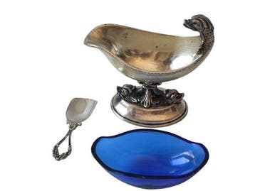 Tafelservies - Zilver 800 en blauw glas, Antiek en Kunst