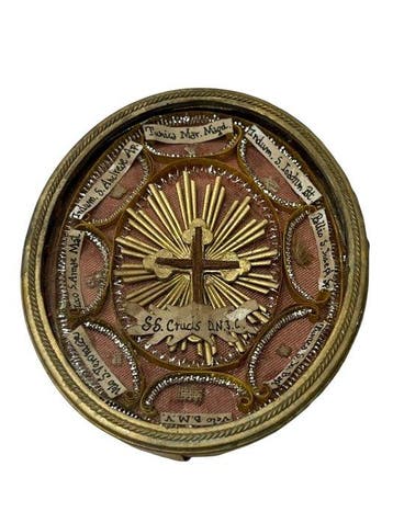 Reliekhouder - Brons, Gouden cartouche, Glas, Textiel - 20e