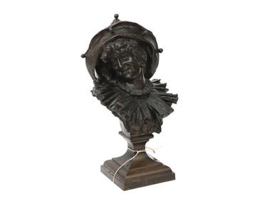 Een bronzen buste. Lachende vrouw met masker, Antiek en Kunst
