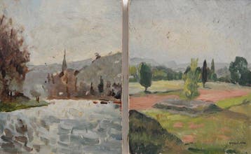 Franse school (XX) - 2 tableaux Paysage et bateau sur le