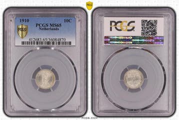 Koningin Wilhelmina 10 cent 1910 PCGS MS65 gecertificeerd, Verzenden, Zilver, 10 cent, Koningin Wilhelmina
