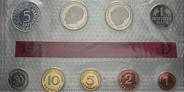 1 Pfennig 5 duitse Mark, 10,68 Dm 1972 D Kursmuntset Bond..., Verzenden