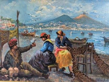 Italiaanse school (XX) - Veduta di Napoli con Pescatori