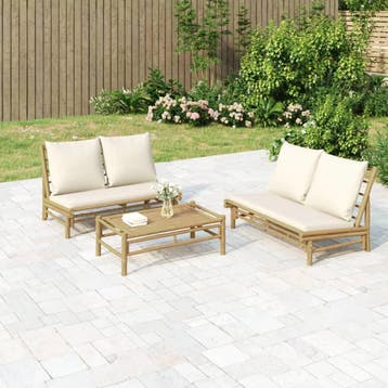 vidaXL 3-delige Loungeset met kussens bamboe crèmewit, Verzenden, Nieuw, Hout, Loungeset