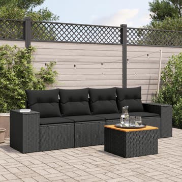 vidaXL 5-delige Loungeset met kussens poly rattan zwart, Verzenden, Nieuw, Loungeset