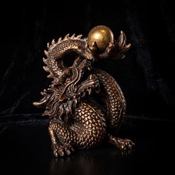 Beeld, Draak met de parel van wijsheid - 15 cm - Brons