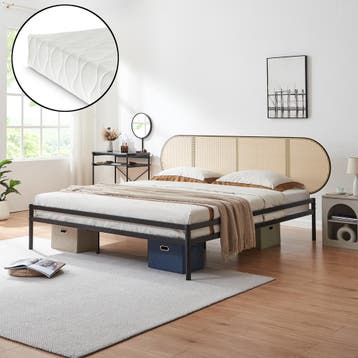 Metalen bed Linköping met matras 180x200 cm zwart en rotan l, Huis en Inrichting, Verzenden, Nieuw