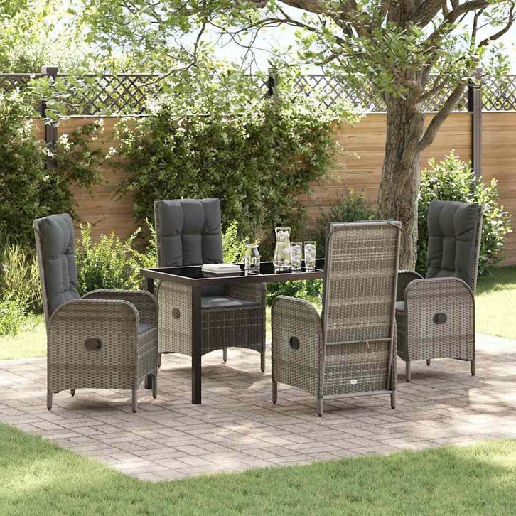 vidaXL Tuin eettafelset met kussen 5 pcs Grijs poly rattan, Tuin en Terras, Tuinsets en Loungesets, Nieuw, 5 zitplaatsen, Rotan