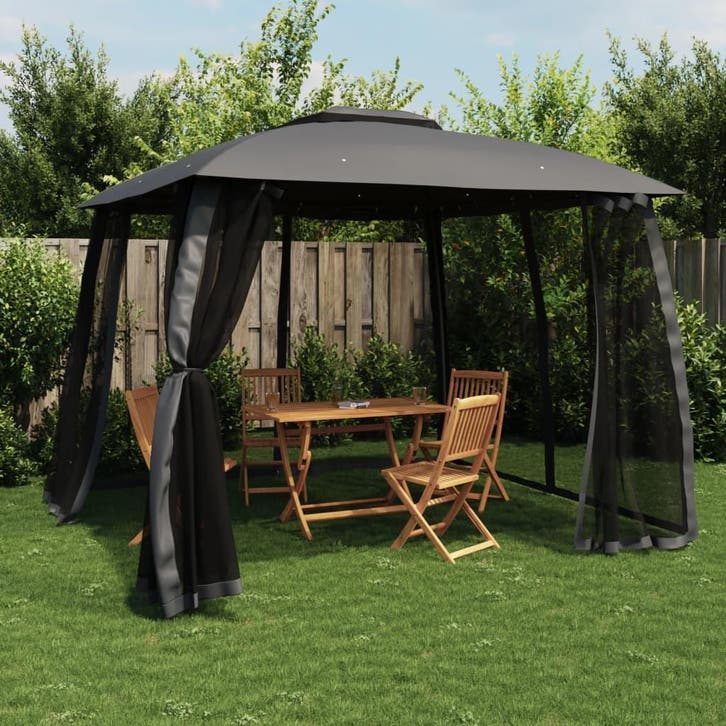 vidaXL Prieel met gaaswanden en dubbel dak 2,93x2,93 m staal, Tuin en Terras, Partytenten, Nieuw, Verzenden