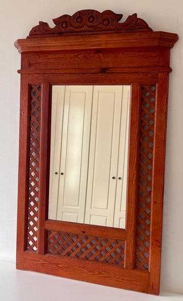 Wandspiegel - Kristal, Hout - Groot Spaans rustiek hout, Antiek en Kunst, Curiosa en Brocante