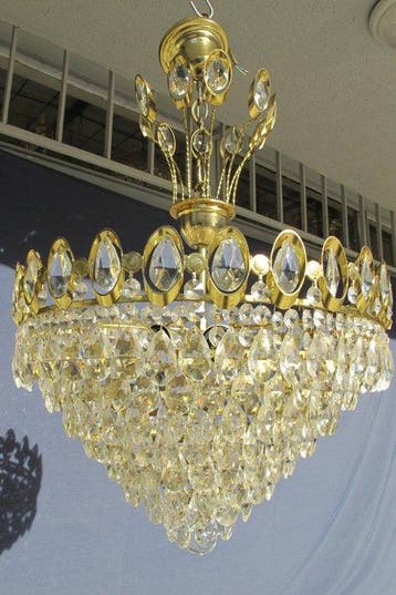 Kroonluchter - Verguld messing - Antieke kristallen lamp