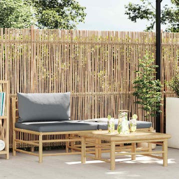 vidaXL 3-delige Loungeset met donkergrijze kussens bamboe, Tuin en Terras, Tuinsets en Loungesets, Verzenden, Nieuw, Hout, Loungeset