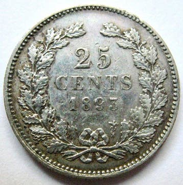 Nederland. Wilhelmina. 25 Cents 1893 | Schaars jaartal |