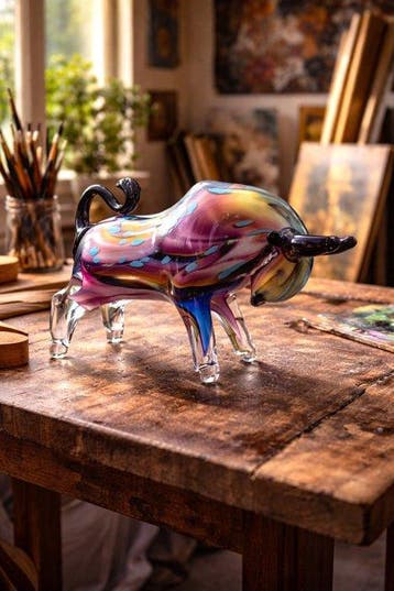 sculptuur, Handgemaakt glazen stier - 12 cm - glas massief
