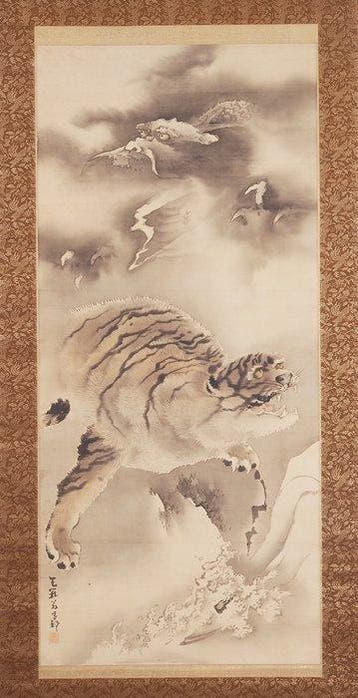 Zeer mooi schilderij van draak en tijger, gesigneerd –