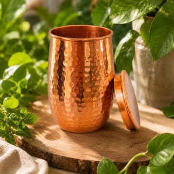 Puur koperen beker met deksel gehamerd – 470 ml/165 g (zware, Ophalen of Verzenden, Nieuw