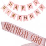Sjerp en slinger set Birthday Girl en Happy Birthday rose go, Verzenden, Nieuw, Versiering, Verjaardag