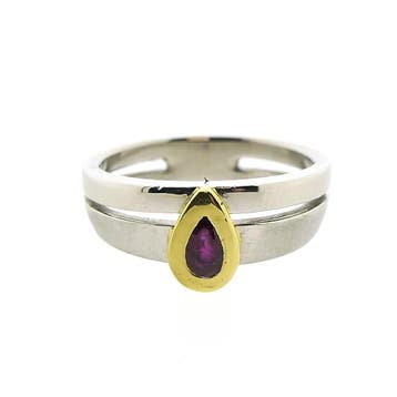 Bicolor platina ring met robijn, Overige materialen, Gebruikt, Overige kleuren, Ophalen of Verzenden