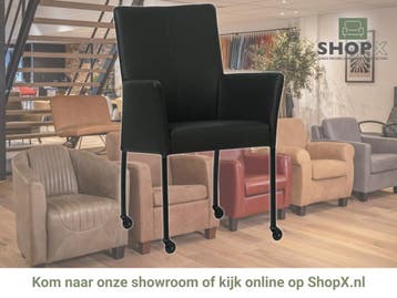 Leren eetkamerstoel Comfort met wieltjes en armleuning -, Huis en Inrichting, Stoelen, Zwart, Nieuw, Leer, Ophalen of Verzenden