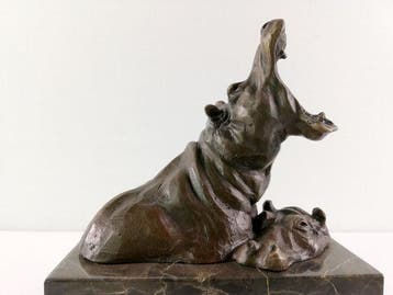 Beeldje - Bathing hippos - Brons, Marmer