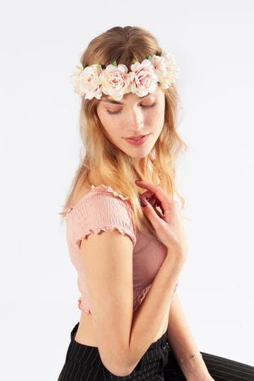 KIMU® Bloemenkrans Haar Rozenkrans Wit Lichtroze Roze Bloeme, Ophalen of Verzenden, Nieuw, Carnaval, Accessoires