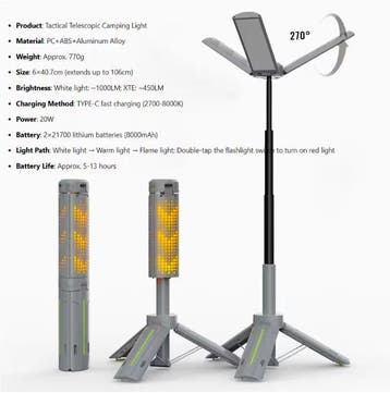 Telescopische Camping Lamp 8000mAh LED met Statief 360°, Verzenden, Nieuw