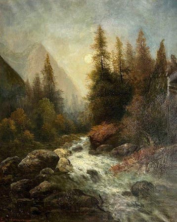 E.H. Wiesner (XIX) - Torrente Alpino nella Gola Boschiva al