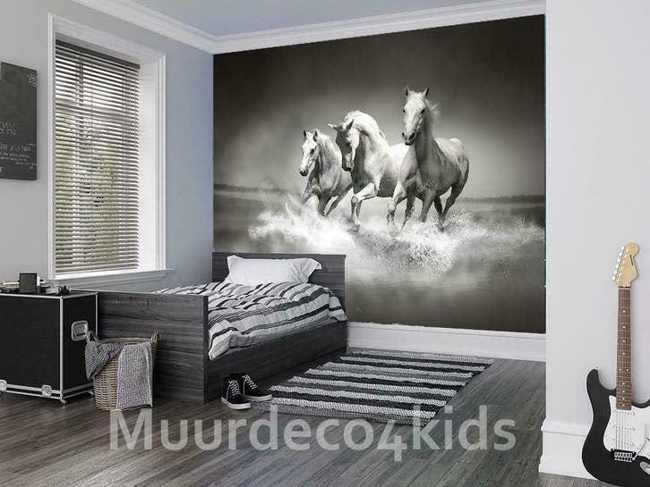Paarden behang Paarden fotobehang Zwart/wit * Vliesbehang, Huis en Inrichting, Stoffering | Behang, minder dan 10 m², Ophalen of Verzenden