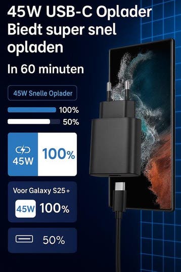 USB-C oplader 45W 3-pack – Snellader met USB-C kabel 1m –, Ophalen of Verzenden, Nieuw