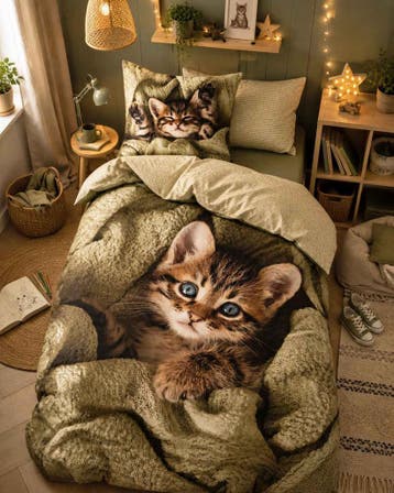 Kinderdekbedovertrek Kitten Poes, Groen - Katoen, Ritssluiting, Overige merken, Nieuw, Groen