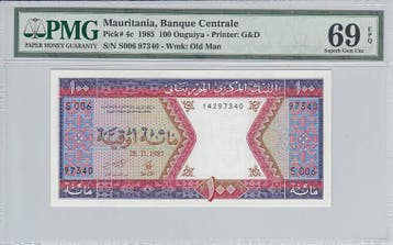 1985 Mauritania 100 Ouguiya Pick 4c Pmg Superb Gem Unc 69..., Verzenden